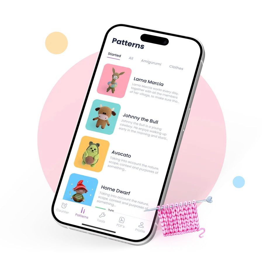 Crochet app on a phone showing creator patterns